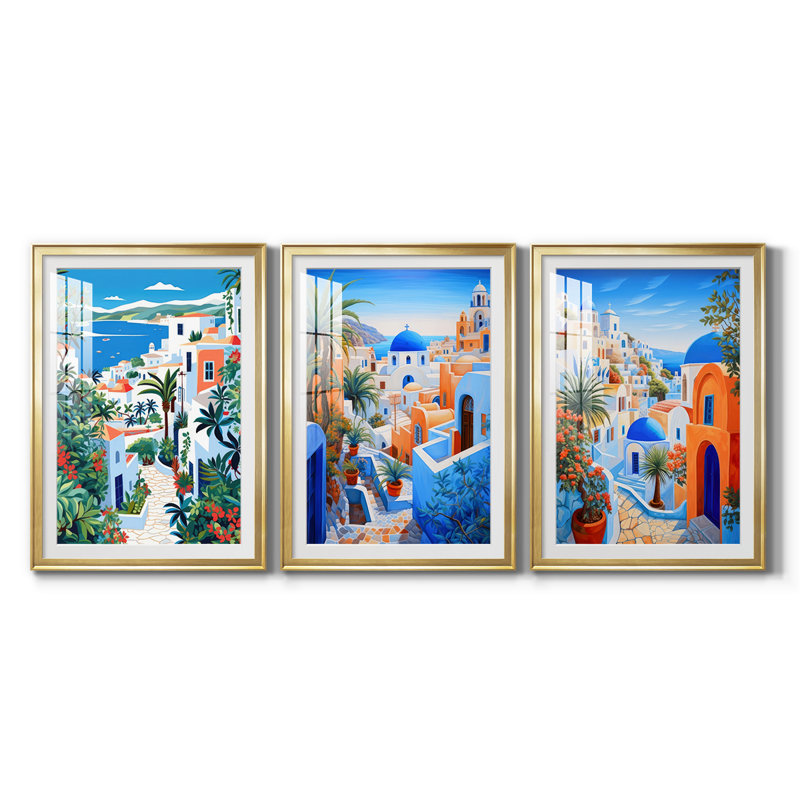 Jardin au bord de la mer - reproduction sur mesure encadrée de qualité supérieure - 3 pièces, H 21 po x l 30 po, Doré