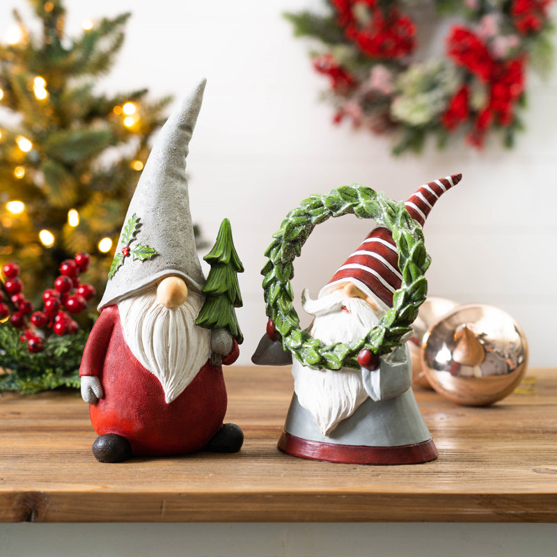 Festive Red and Grey Resin Holiday Gnome Figurine Set