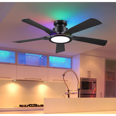 Ventilateur de plafond 52 po à profil bas encastré noir avec lumière annulaire RVB