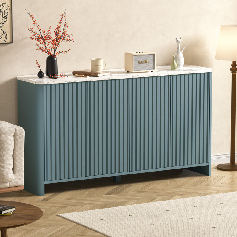 4 Fluted Doors Sideboard Buffet with Faux Marble Top & Adjustable Shelves, Natural