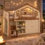 Lit mezzanine enfant en forme de maison Benedict avec escalier de rangement, armoire et étagère ouverte, cadre de lit mezzanine en bois robuste avec rangement multifonctionnel et peu encombrant pour enfants-776062441-776062447