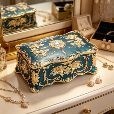 Vintage 2-Layer X-Large Metal Jewelry Box with Blue Velvet Lining, Antique Gold Floral Trinket Storage Organizer for Rings, Earrings, Bracelets, Watches, and Necklaces