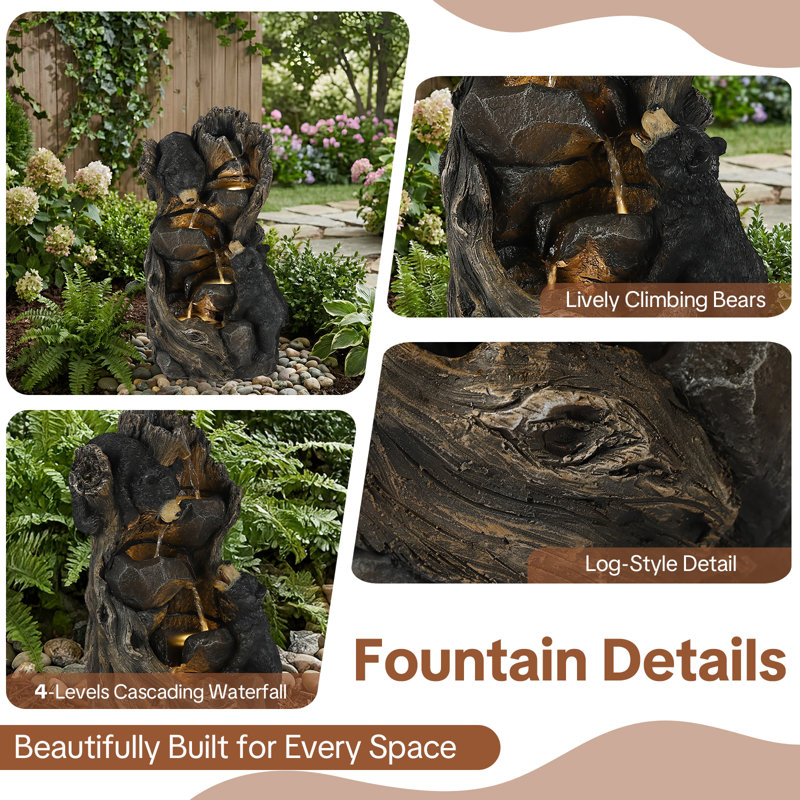  Outdoor Water Fountain, 23" H 5-tier Cascading Waterfall Fountain With Led Lights & Adjustable Pump, Climbing Bears Water Feature With Natural Rock & Wood Finish For Patio, Backyard & Deck