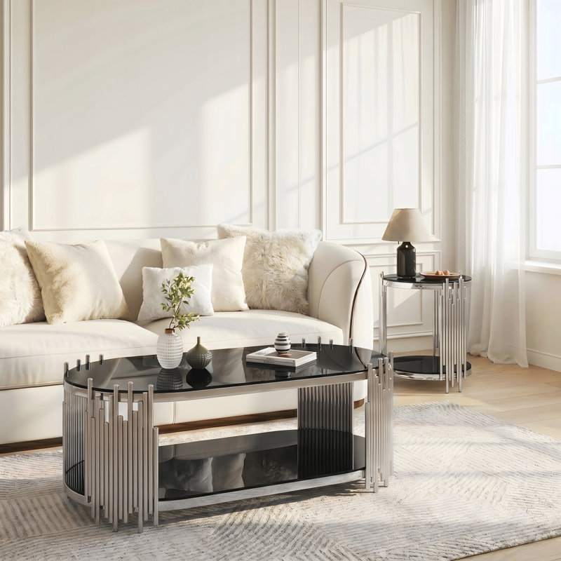 Ensemble moderne et luxueux de table basse et de table d'appoint pour salon ou bureau, Noir / Argenté