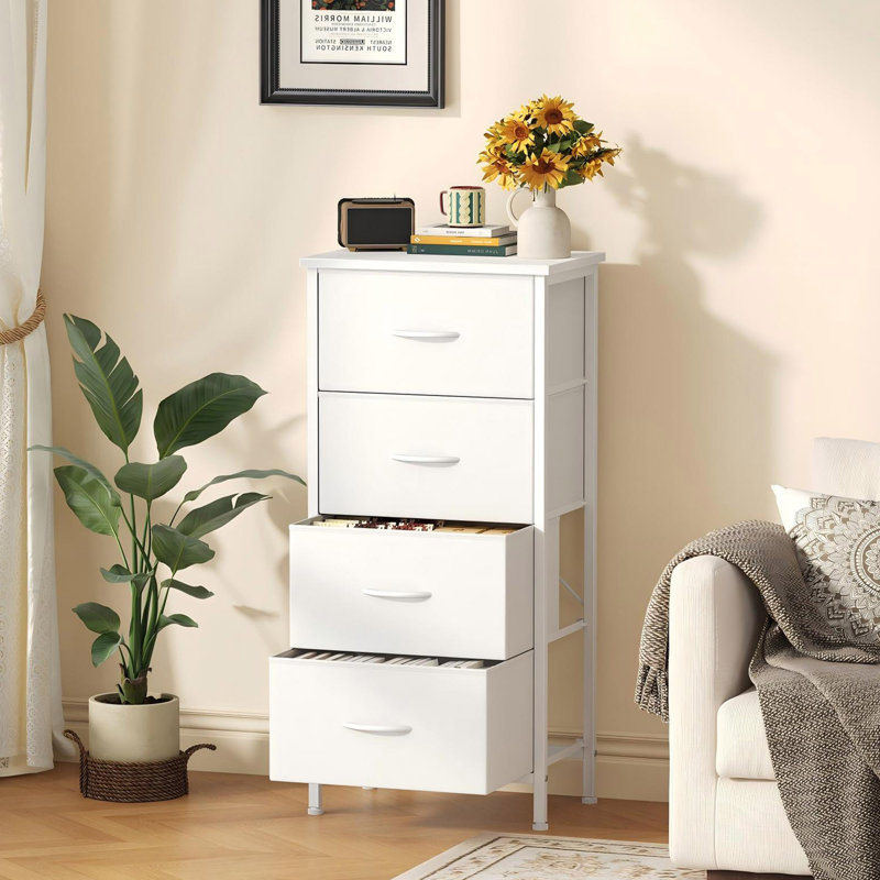 Table de chevet 4 tiroirs en tissu avec plateau en bois et armoire de rangement