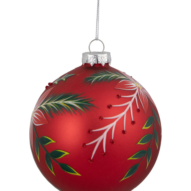 Ornement boule de Noël en verre 4 po poinsettia rouge et houx
