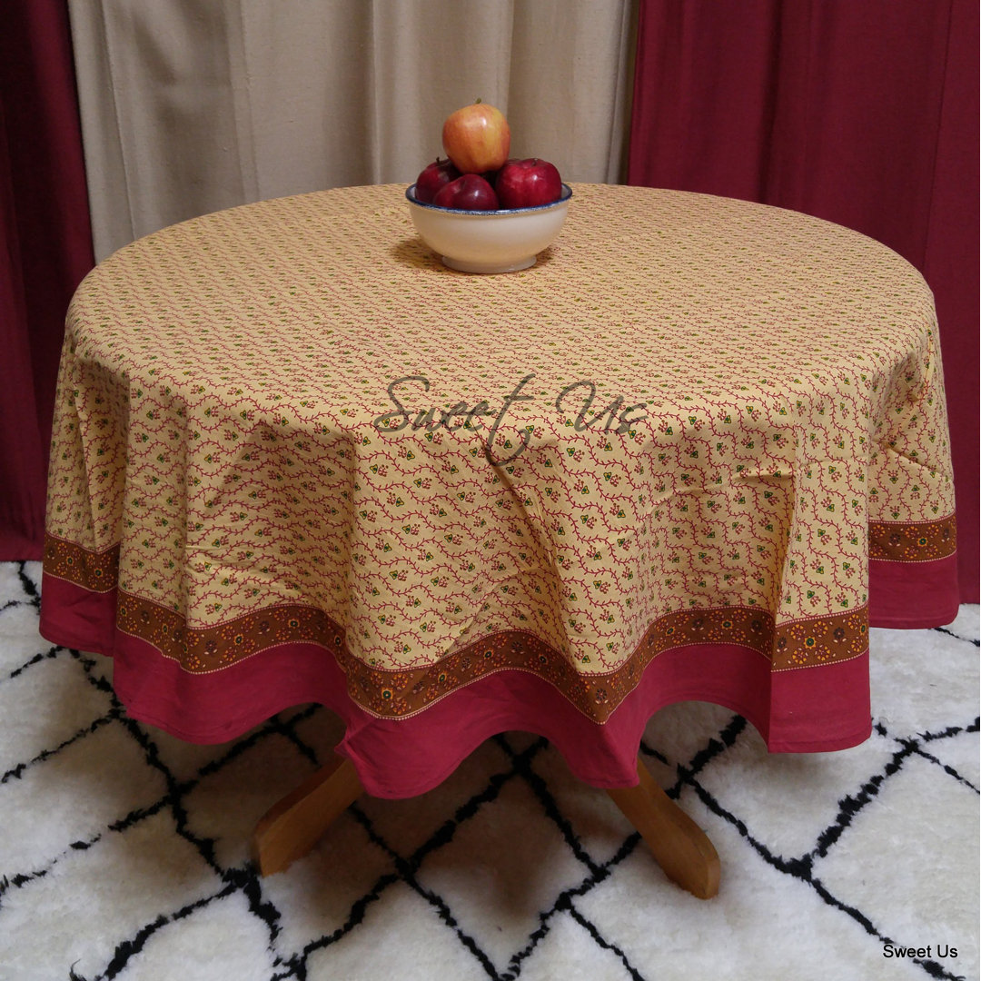 Cotton Floral Vine Round Tablecloth Gold Red Table Linen Sweet Us 