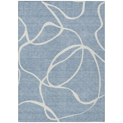 10' X 14' Denim Blue And Ivory Abstract Washable Indoor Outdoor Area Rug