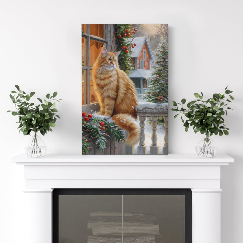 Scène d'hiver douillette avec un chat orange moelleux près d'une fenêtre de porche décorée, art moderne chaleureux