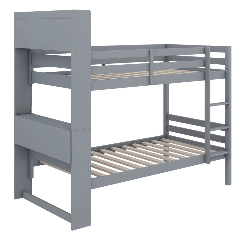 Lit superposé simple en bois d'hévéa avec bibliothèque convertible, Gris
