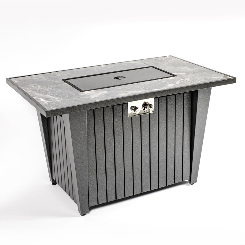 Steel Fire Pit Table With Marble Tile Tabletop, Glass Wind Guard And Lid