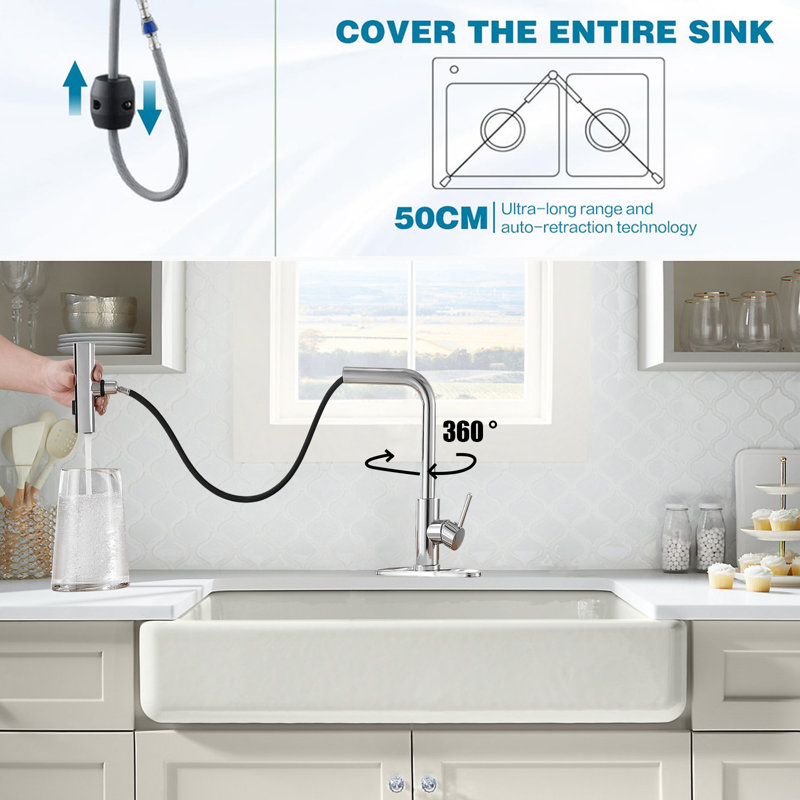 Waterfall Kitchen Sink Faucet With Pull-Down Sprayer, Stainless Steel Kitchen Faucet, Single Handle Faucet, 3 Function Modes.