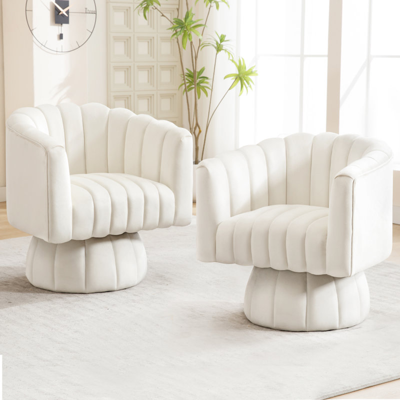 28''  Wide Velvet Modern Upholstered Swivel Barrel Chair, Beige Velvet