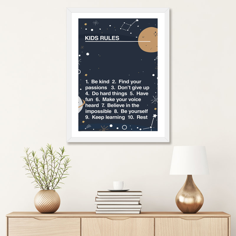 Kids Rules - impression d'art textuel, Papier encadré blanc, Blanc, H 32 po x l 24 po x P 1 po