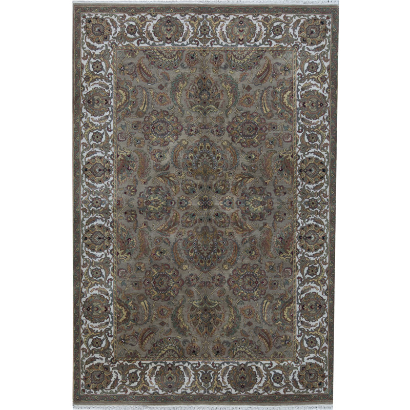 Tapis ivoire et chameau de haute qualité noué à la main Trinity, Rectangle 6 pi 2 po x 9 pi 2 po