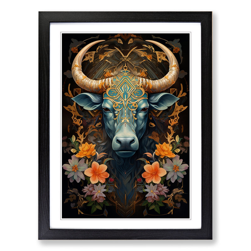 Taurus Zodiac Art Deco - Single Picture Frame Print on Wood, Black, 46cm H x 34cm W x 2cm D