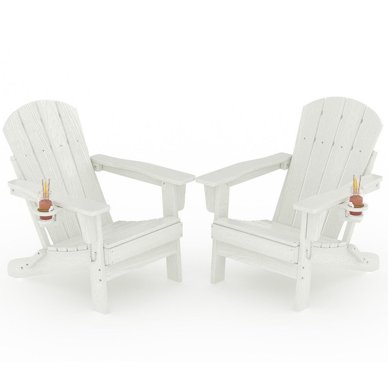 Set of 2 All-Weather HDPE Folding Adirondack Chairs - Cup Holder, Collapsible, Weather Resistant, Wood Grain Texture, Outdoor Patio Furniture for Garden, Deck, Fire Pit (White)