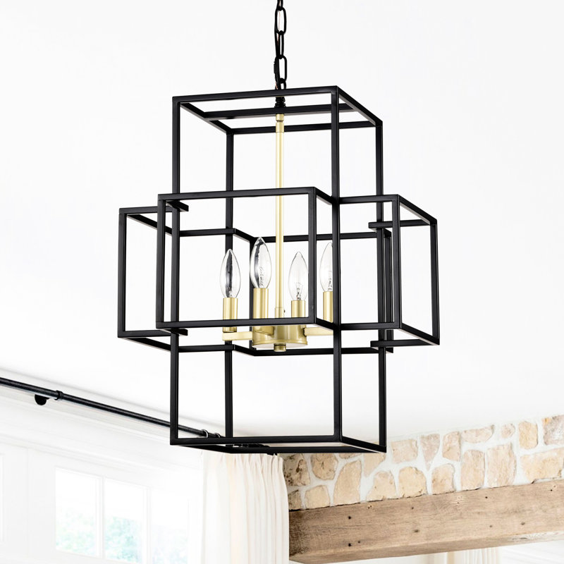 Suspension industrielle à 4 lanternes - noir mat et or, luminaire suspendu à hauteur réglable pour le salon, plafond en métal doré de bureau, couloir de style rétro, vestibule, bureau, conférence