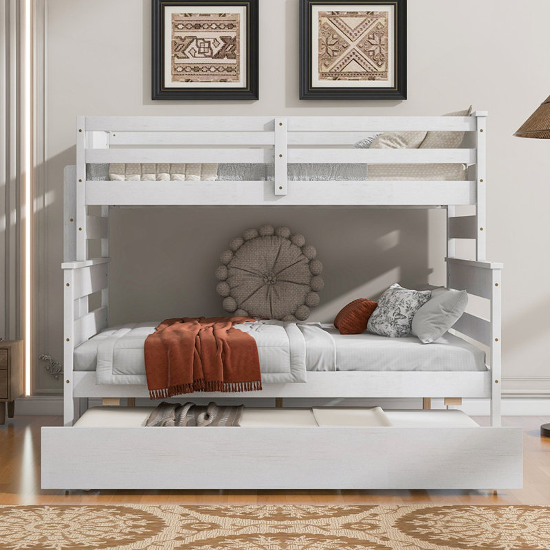 Lit superposé en bois de pin robuste avec lit gigogne, peu encombrant et durable pour les invités, Blanc