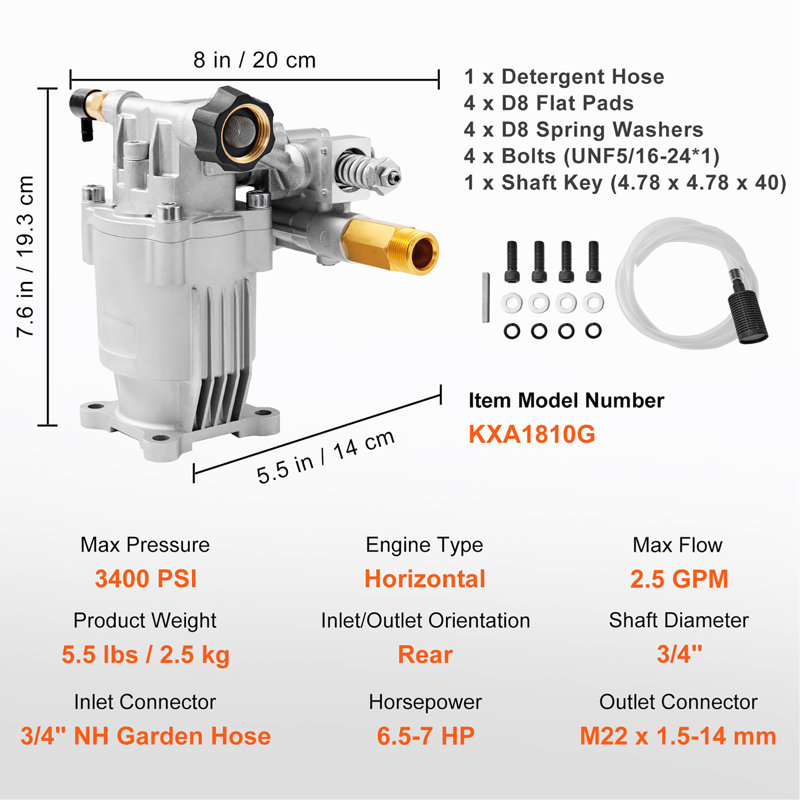 Pompe de laveuse à pression, arbre horizontal de 3/4 po, 3400 PSI, 2,5 GPM, ensemble de pompes de laveuse à pression de remplacement, pompe de laveuse de pièces, compatible avec les modèles de la marque HONDA, SIMPSON, RYOBI, Briggs & Stratton, Subaru, Craftsman