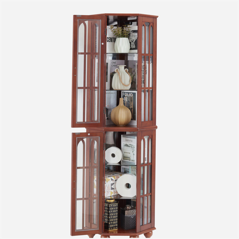 Vitrine de coin avec 4 tablettes réglables en verre trempé et système d'éclairage, pieds en bois massif, panneau arrière en miroir en acrylique (ampoule E26 non incluse)
