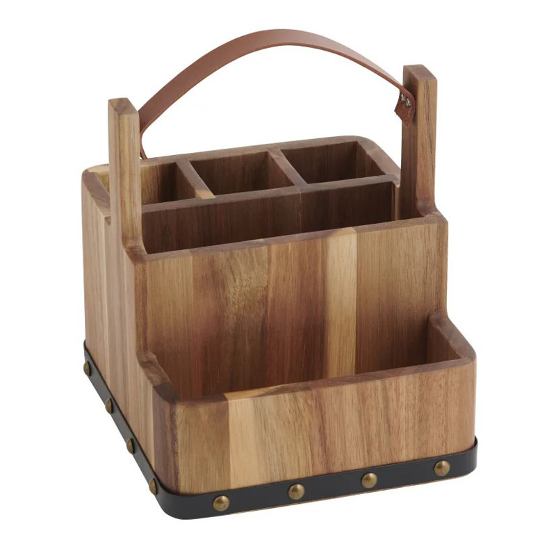 Barrel-Inspired Wine Country Flatware Caddy with Distinguished Leather Handle
