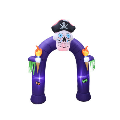 Crâne de pirate gonflable illuminé de 8 pieds de haut tenant une torche de feu avec décoration à DEL pour l'intérieur et l'extérieur