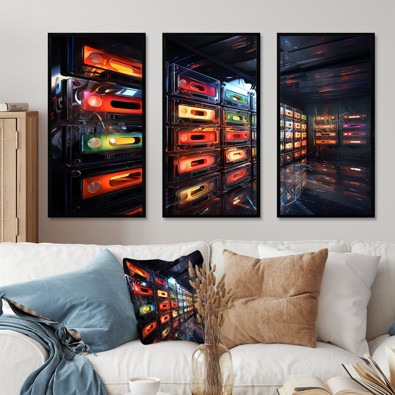 Retro Futur Melodic Beats I - Cassette Tapes, art mural, H 28 po x l 36 po x P 1 po, Cadre flottant noir