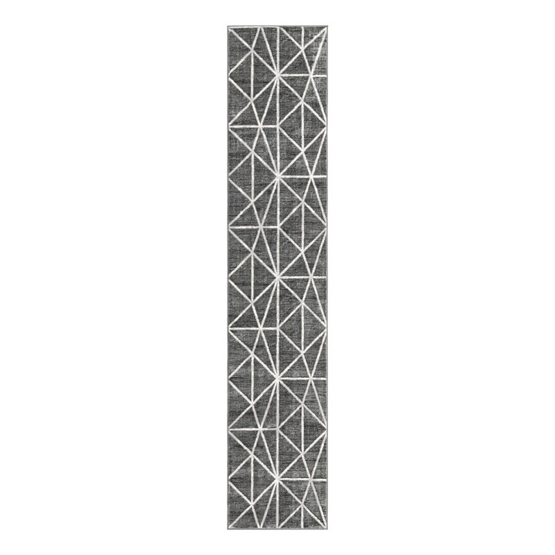 Tapis géométrique gris foncé / ivoire Oceola, Tapis de couloir 2 pi 7 po x 13 pi