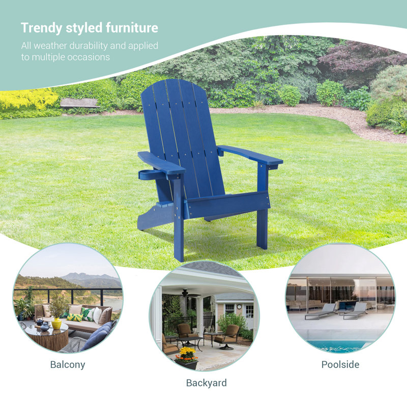 Patio Adirondack Single Chair w/Cupholder Outdoor Chair for Fire Pit, Polywood Plastic Weather-Resistant Recliner, Navy