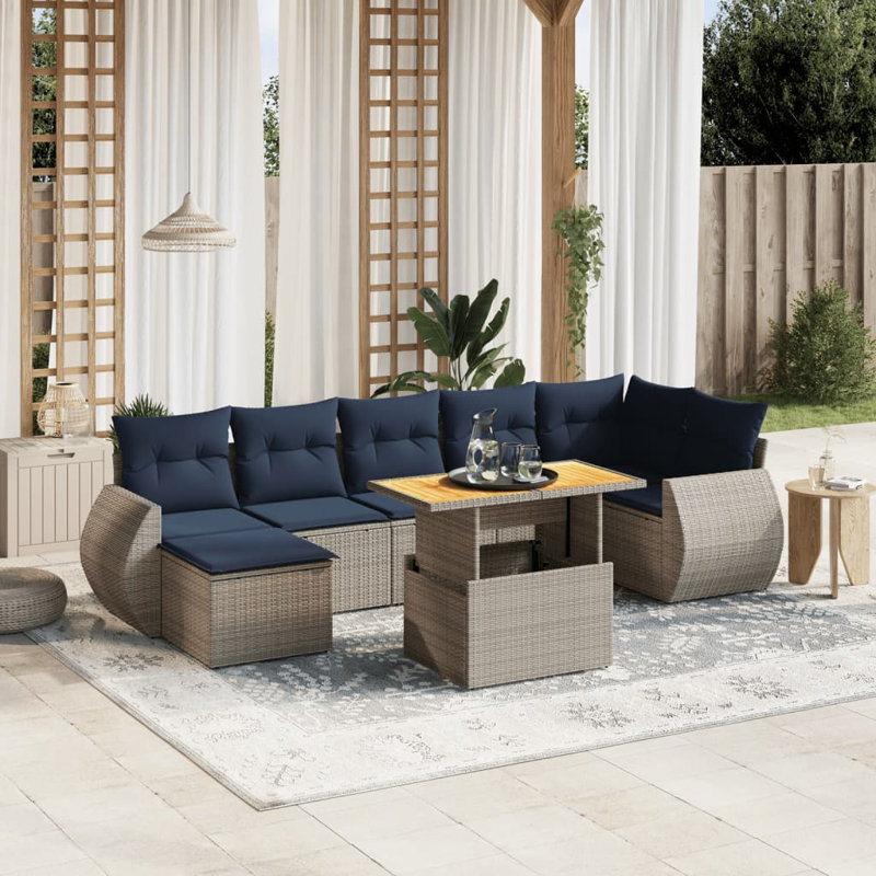  8 Piece Patio Sofa Set With Cushions Poly Rattan, Gray, Blue