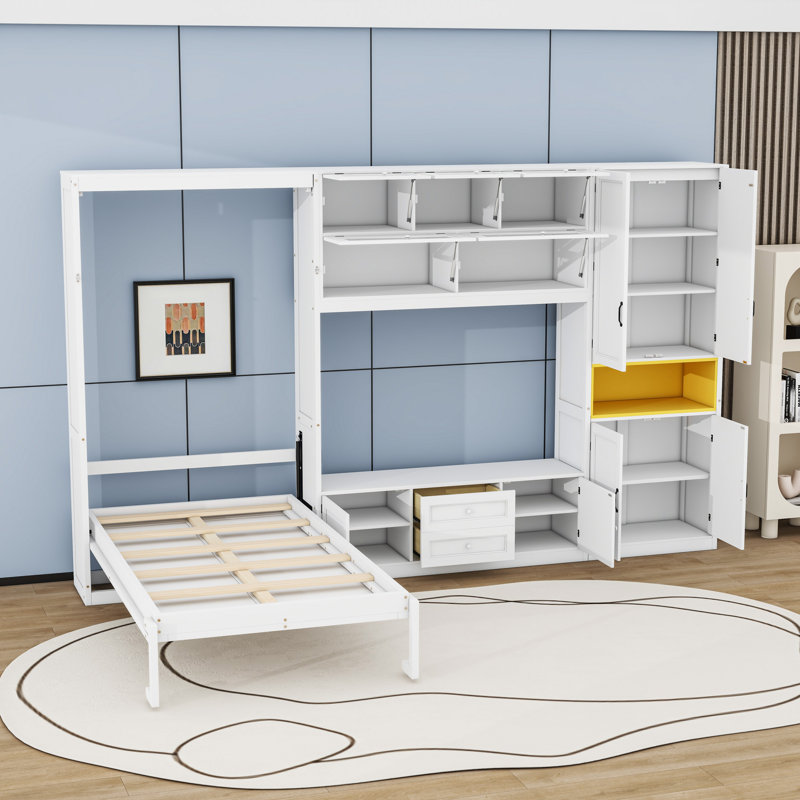Lit escamotable simple 2 tiroirs en bois avec tablettes et armoires, Blanc