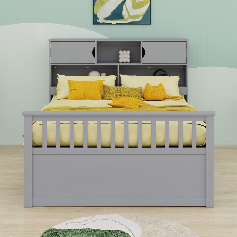 Base de lit plateforme capitaine avec bibliothèques de rangement et tablettes, quatre tiroirs, Gris