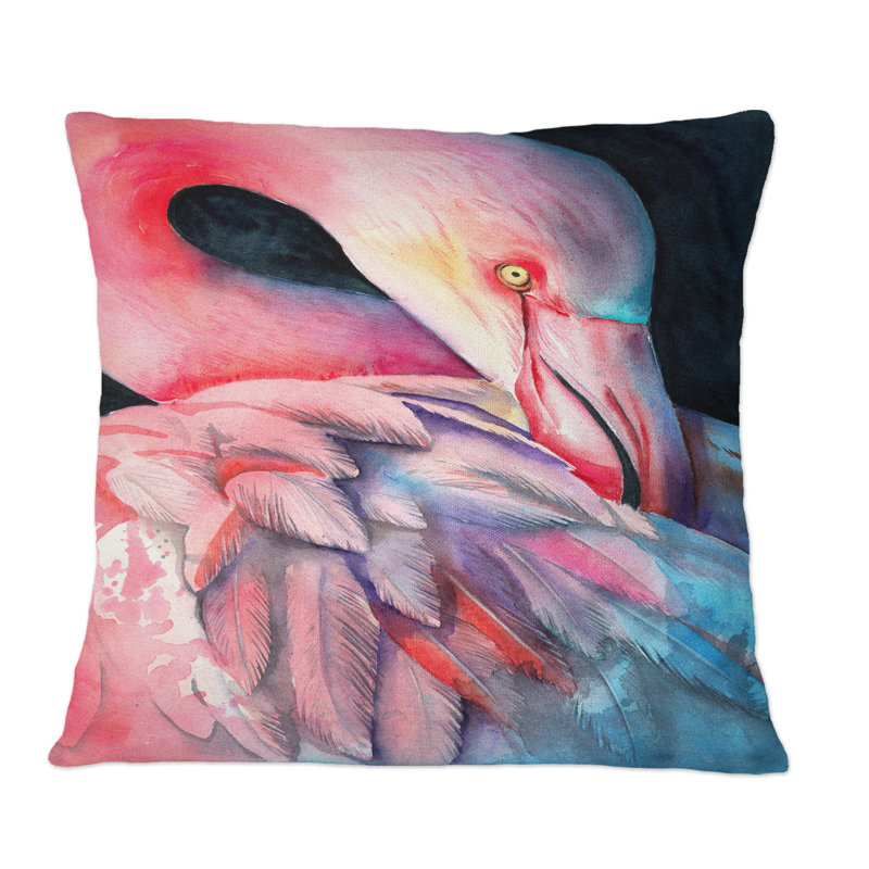 Un magnifique flamant rose avec des plumes roses et bleues - coussin décoratif traditionnel, 18 po x 18 po