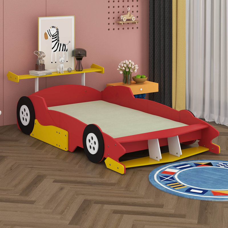 Full Size Race Car Bed With Wheels, Wood Car-Shaped Platform Bed With Storage Shelves For Kids,Teens, Red/Yellow