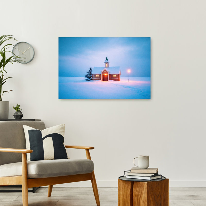 Cozy Winter Church, Peaceful Serene Tranquil Landscape Tree, reproduction d'art murale, 24" H x 36" W