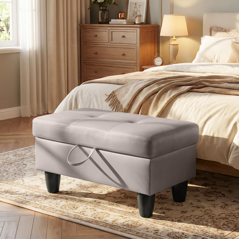 Rectangular Storage Ottoman Bench With Hinged Lid, Faux Leather Footrest For Living Room, Bedroom, Entryway, Champagne, 28.5"X19"X17.5"