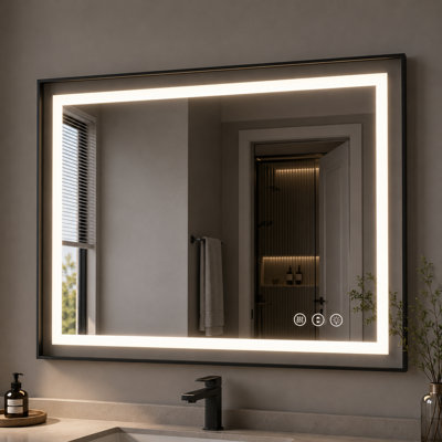  Black Framed Front & Backlit LED Bathroom Vanity Mirror with Anti-Fog, Adjustable Brightness, 3 Color Temperatures & Tempered Glass
