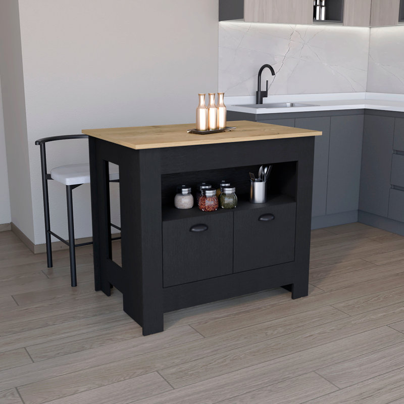 Îlot de cuisine H 35 po, 2 portes blanches, 3 tablettes, Noir/naturel
