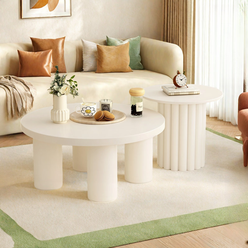 Modern Coffee Table Set Of 2, Round Coffee Table With Cylindrical Leg Design And 1 End Table