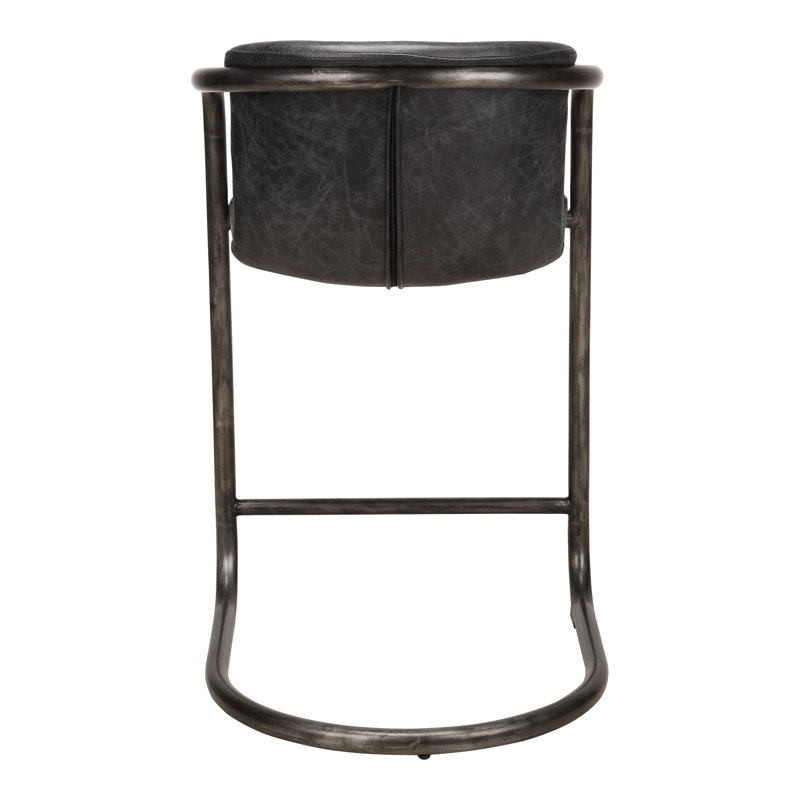 Freeman Bar Stool, Counter Stool (25" Seat Height), Black Genuine Leather