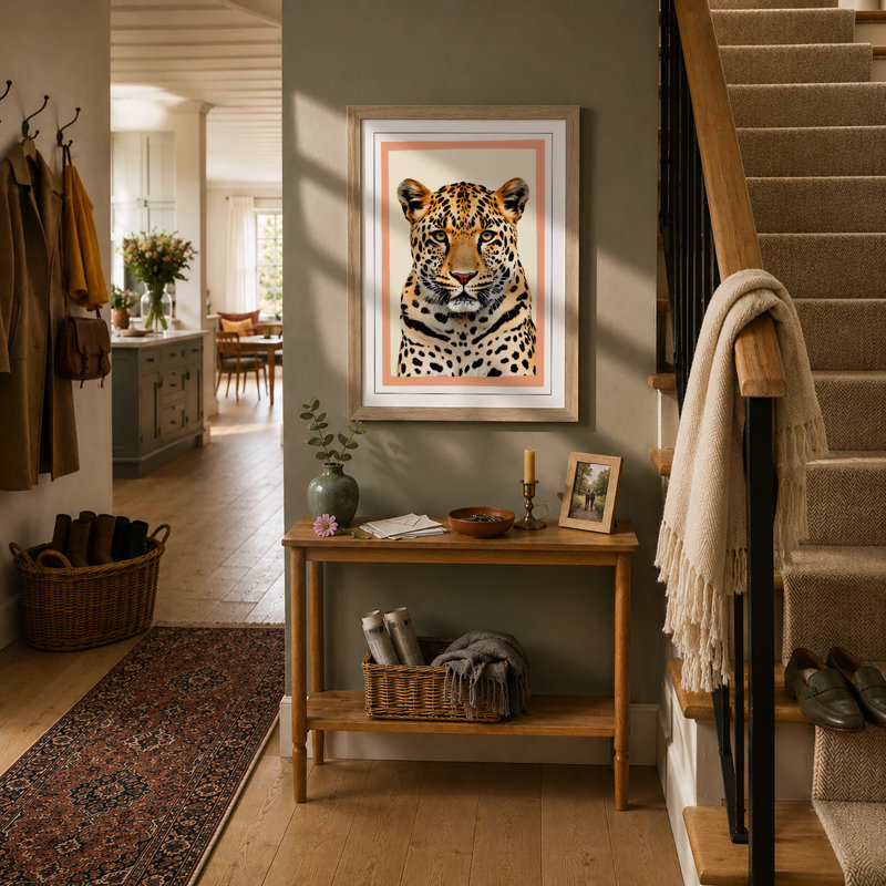 Leopard's Steady Gaze Modern - Framed Print, A2 - 59.4 x 42.0 cm, Oak
