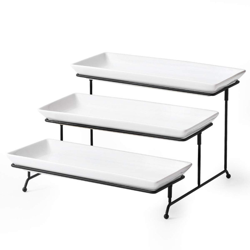 3 Tier Serving Stand Tiered Serving Stand With 3 Porcelain Serving Platters Trays,Black