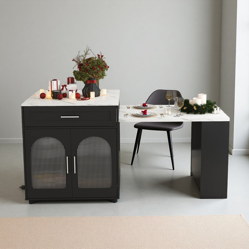 Îlot de cuisine extensible de 80 pouces avec table de salle à manger, chariot de rangement mobile avec armoire, Noir
