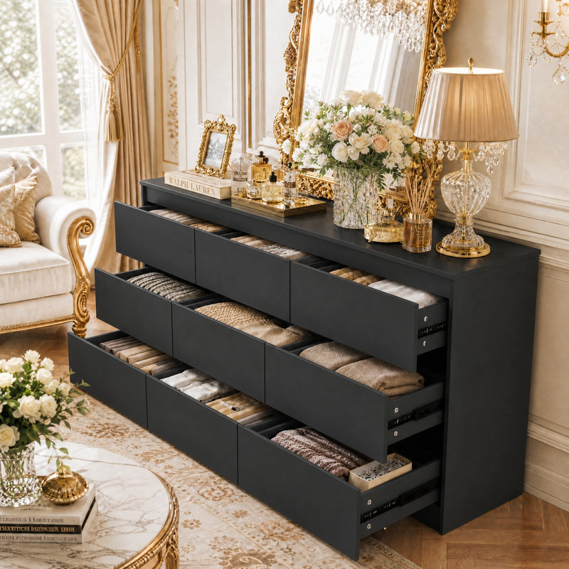 Commode à 9 tiroirs de 160 cm de large avec tiroirs de différentes tailles et glissières métalliques, grand meuble de rangement pour chambre à coucher