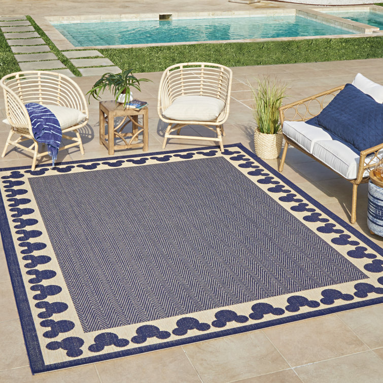 Licensed Disney Mickey Mouse Navy Blue/Beige Border Indoor/Outdoor Area Rug