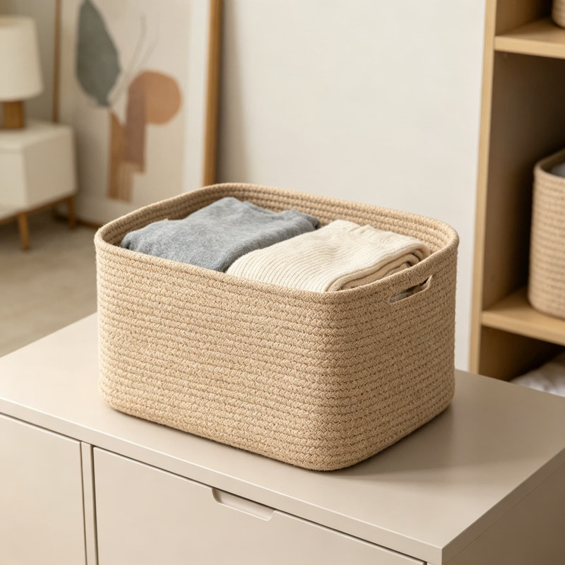 Woven Cotton Rope Storage Baskets, 4-Pack Collapsible Rectangular Organizer Bins For Shelves, Closet, Nursery, And Home Decor