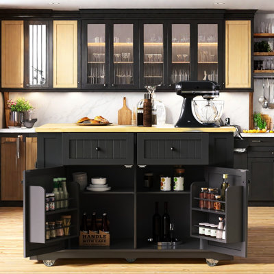 Large Rolling Kitchen Island With Drop Leaf, Power Outlet, Internal Storage Racks, 5 Open Side Racks, 2 Drawers, An Adjustable Shelf by Lark Manor