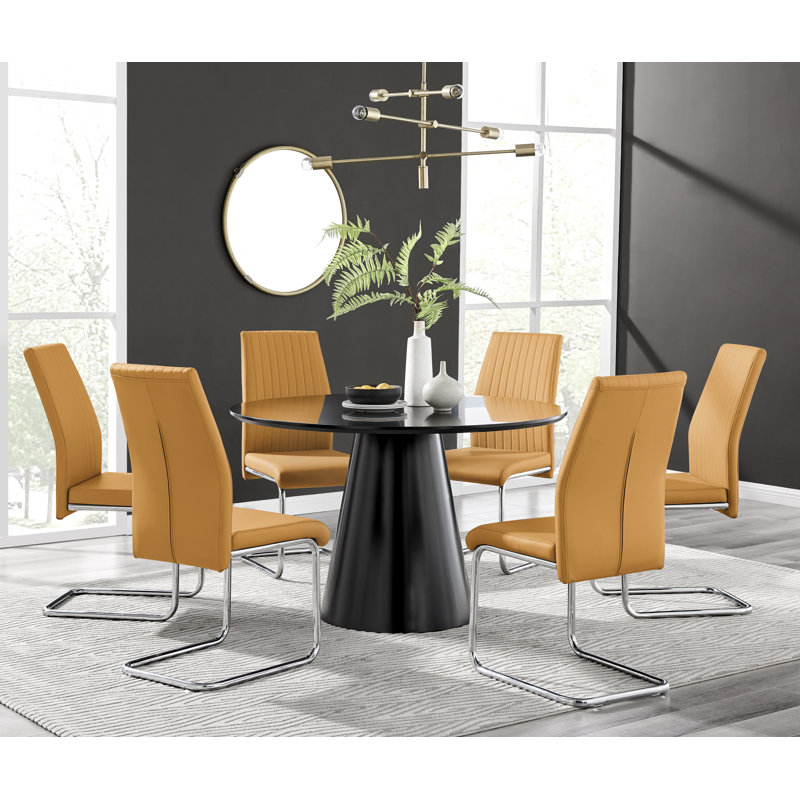 Edward Statement Pedestal Dining Table Set with 6 Luxury Faux Leather Upholstered Dining Chairs, Mustard, Marble Effect/White