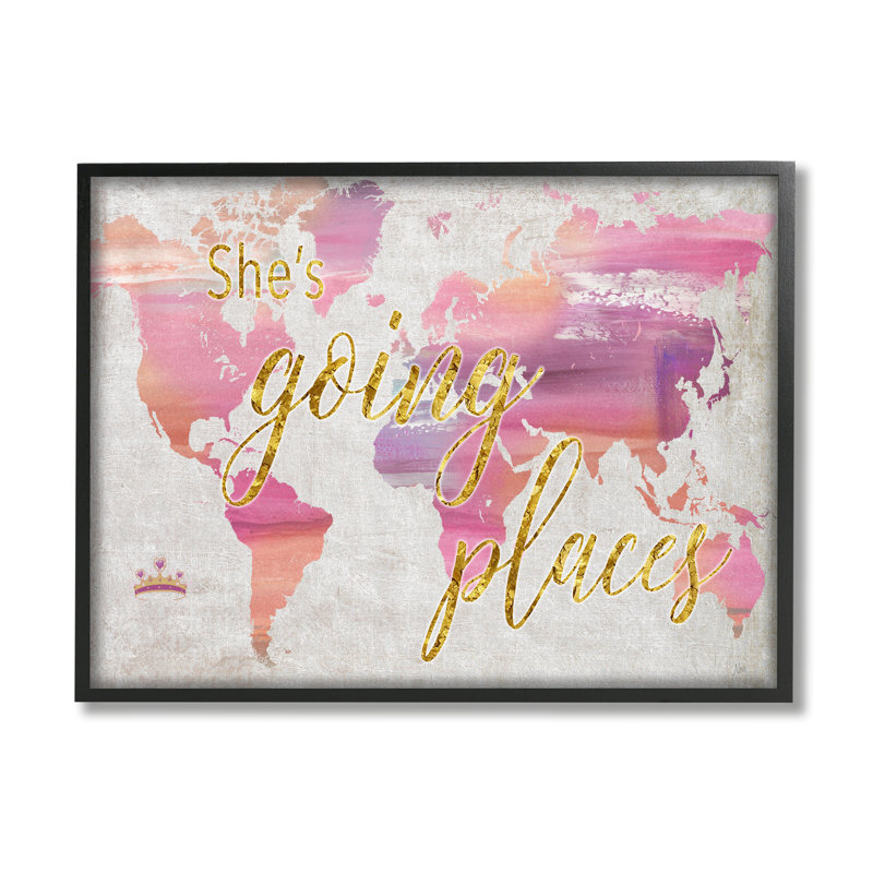 Glam Pink Ombre Map She's Going Places Expression par Nan - Art textuel, Giclée encadrée noir minuit, H 11 po x l 14 po